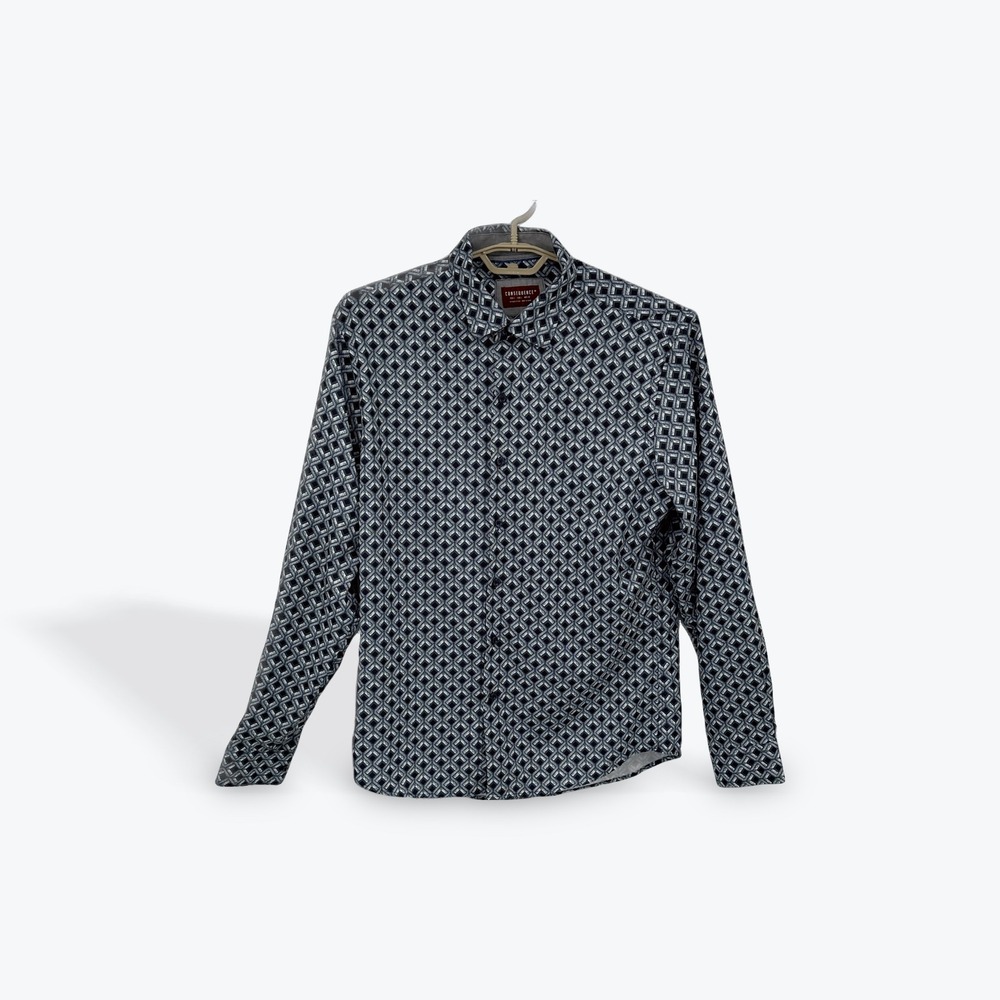 Consequence Mens Button Up Dress‎ Shirt Large Black White Geometric Pattern
